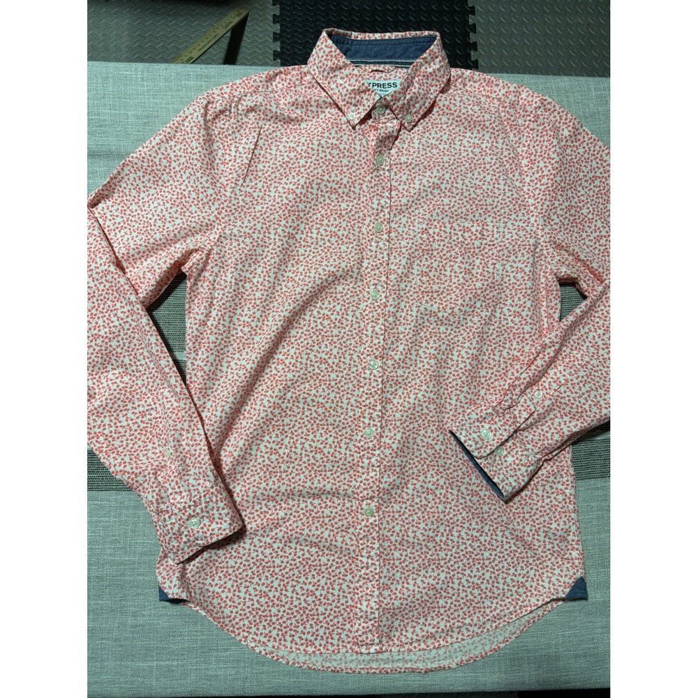 Express Soft Wash Mens Slim Fit Floral Button Down Shirt Pink White small